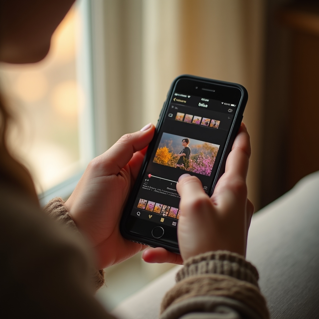 Ruce držící smartphone s otevřenou editační aplikací