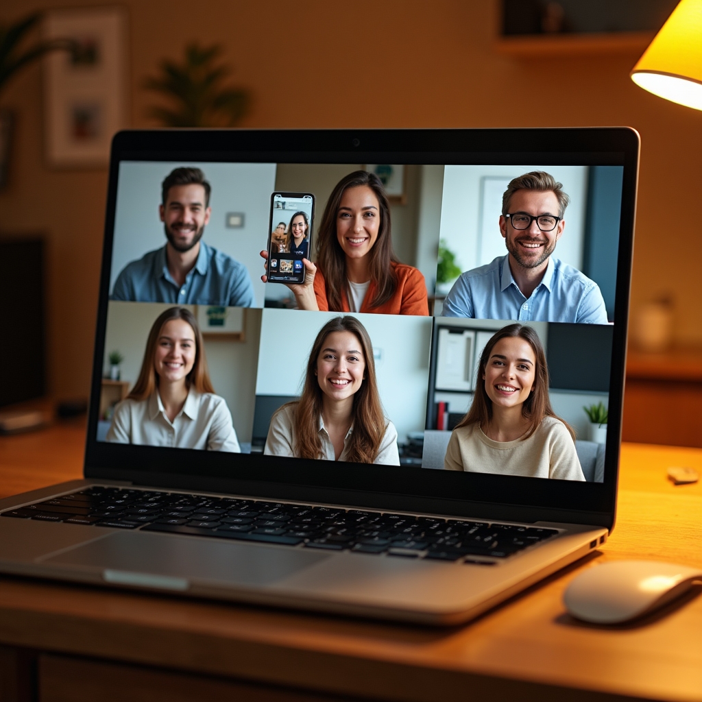 Skupina účastníků webináře na obrazovce sdílí své první hotové video