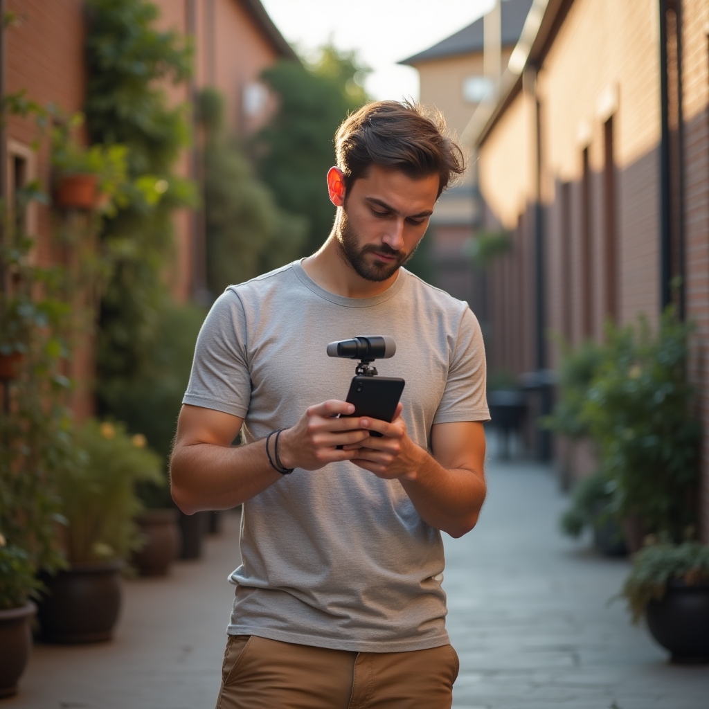 Tvůrce natáčí venkovní záběr se smartphonem a externím mikrofonem