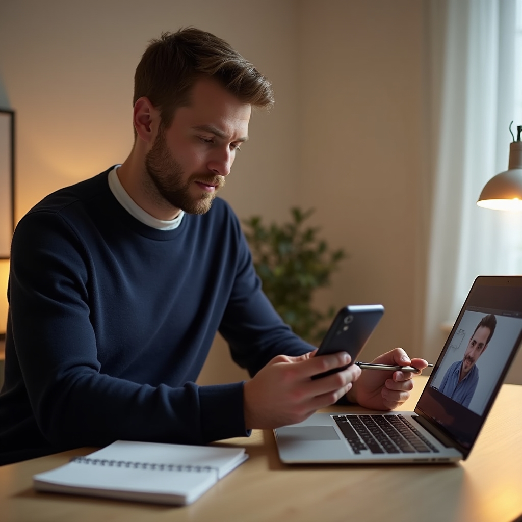 Účastník webináře sleduje výuku na notebooku a drží smartphone
